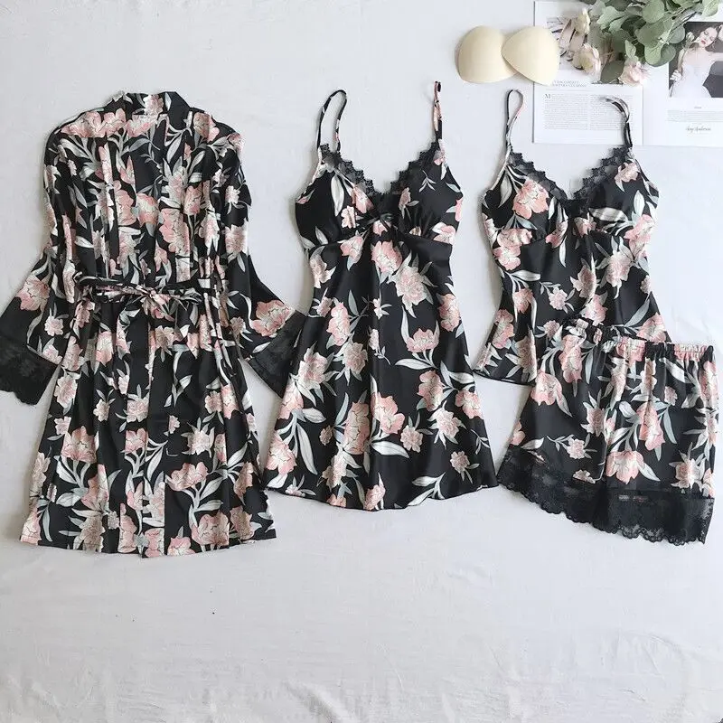 Атласная Женская одежда для сна из 4 предметов сексуальная v образная горловина +