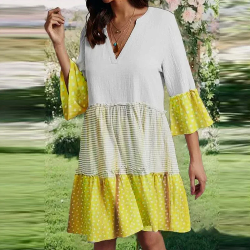 

Women Casual Loose Patchwork Pleated Ruffles Dress 2021 Spring Half Sleeve V Neck Elegant Party Dress Summer Retro Mini Dresses