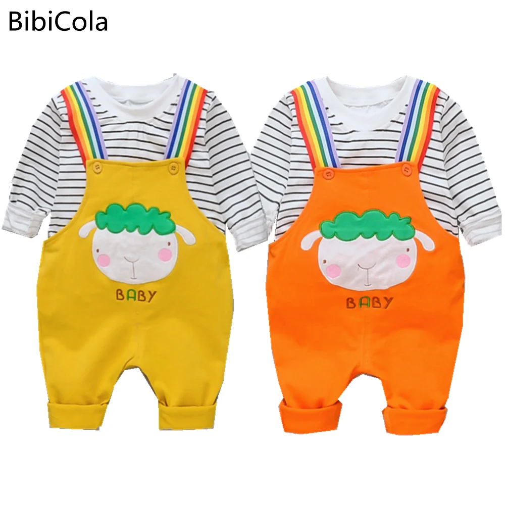 

Комплект одежды для малышей, весенне-осенний Модный хлопковый топ в полоску + комбинезон, детский спортивный костюм из 2 предметов для мальч...