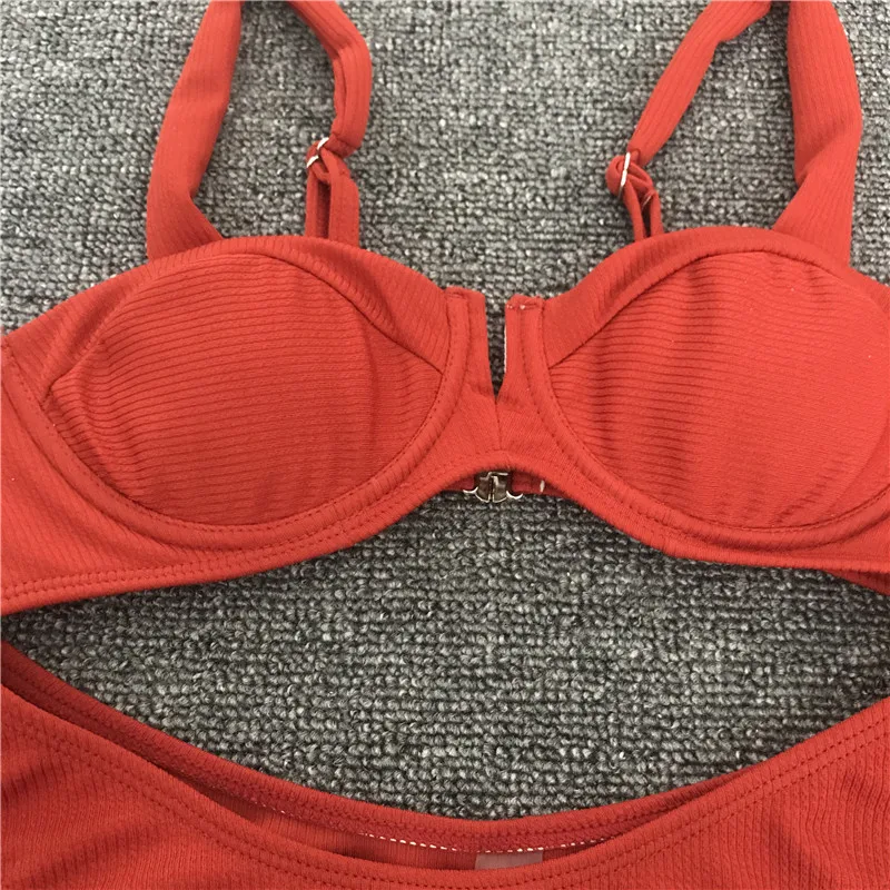 Сексуальное женское бикини однотонное красное с v-образным вырезом комплект из