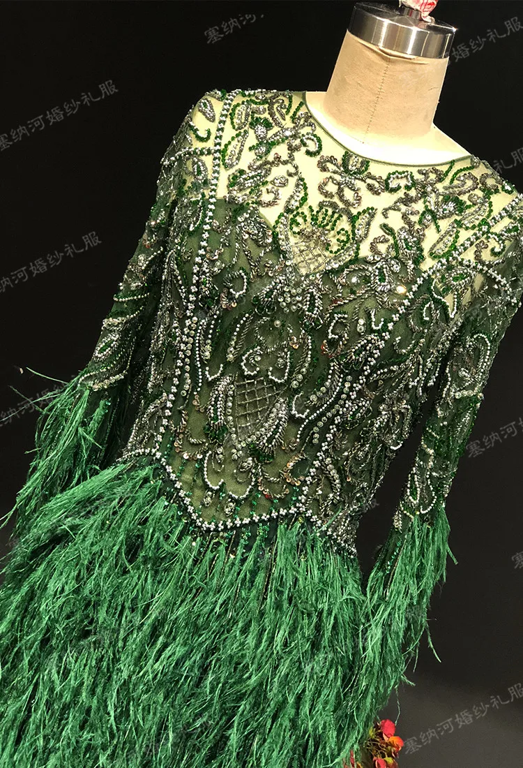 Rhine real Pictures Luxurious Long sleeves Drak Green with Feathers Crystal vestido de noiva arabic evening dresses