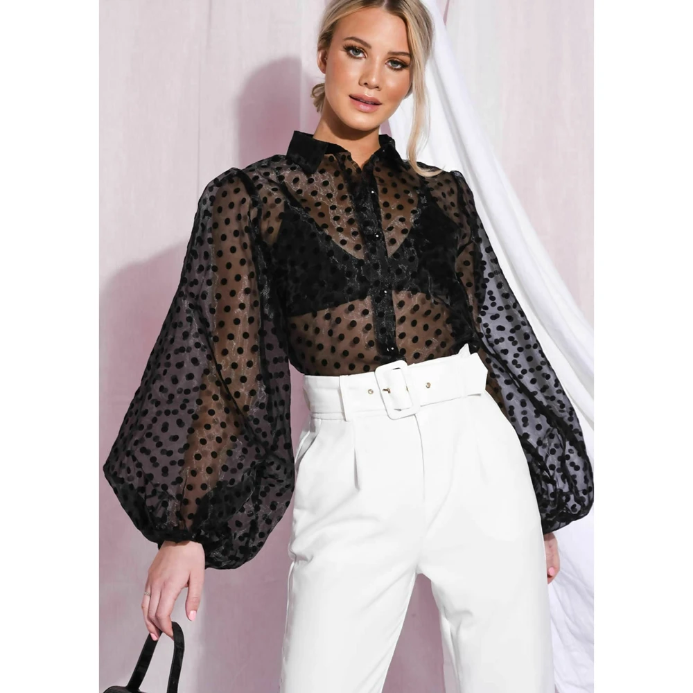 Женская прозрачная блуза в горошек на пуговицах с v образным вырезом и длинными