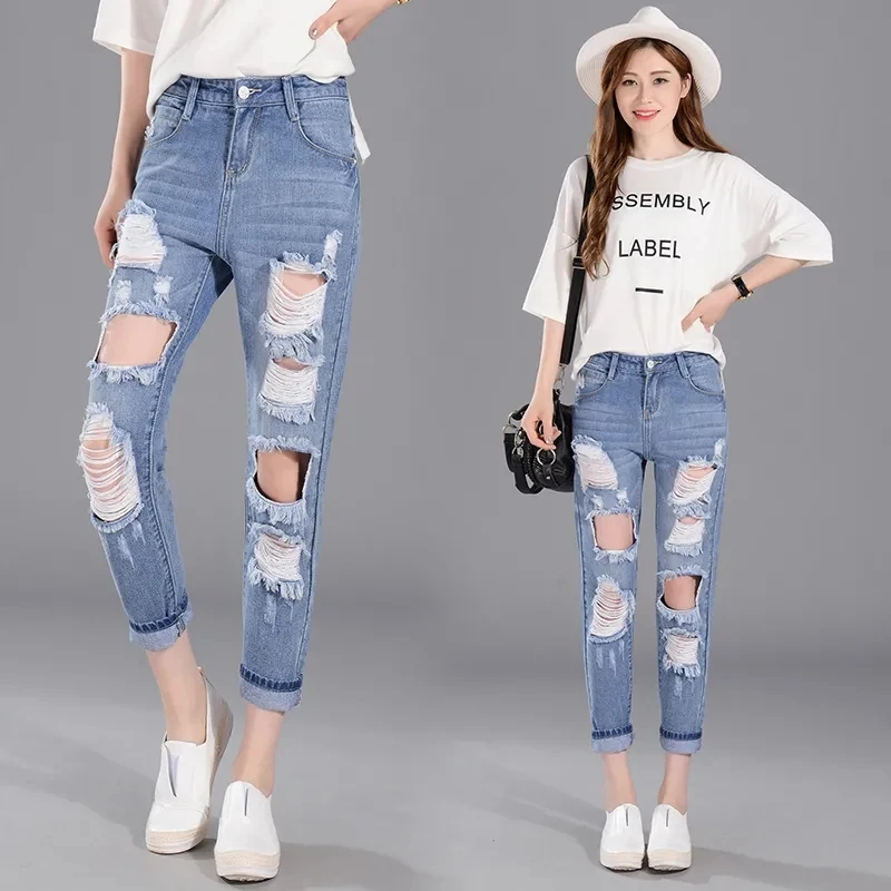 

Plus Size Spring Summer Hole Blue Jeans Woman High Waist carrot Denim Pants Korean Fashion Loose Slim Cotton Jean Femme Pant