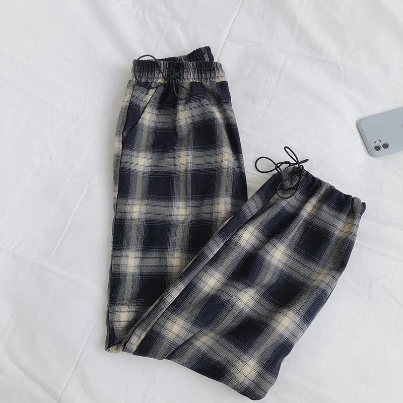 

2021 Plaid Spring Autumn Woman Pants Korean Style Wide Leg Pants Sweatpants Women Clothing Pantalon Femme New WPY2690