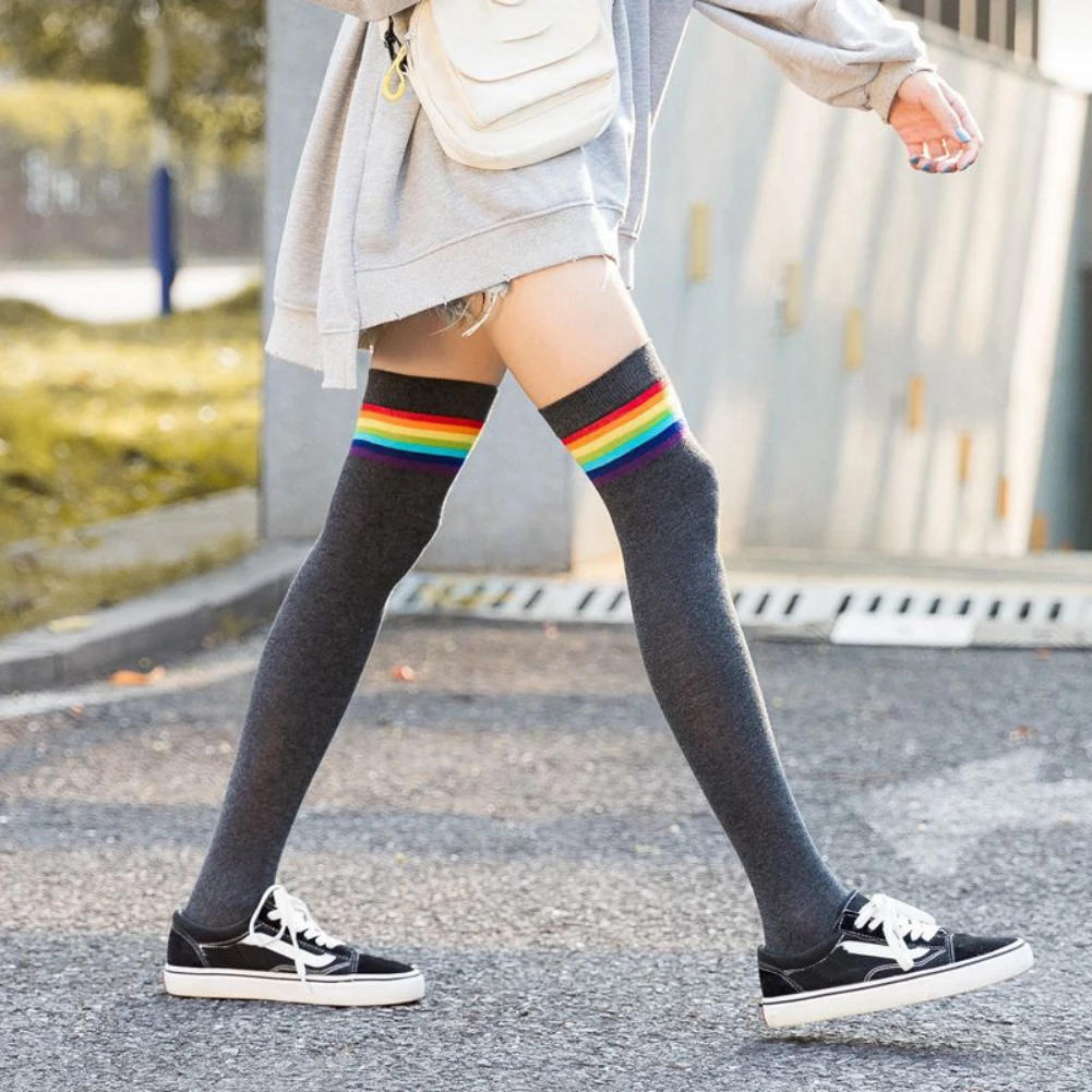

1 Pair Women High Knee Socks Over Knee Rainbow Stockings Thigh High Stockings White Black