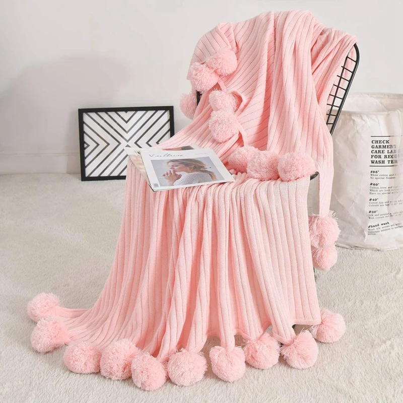 

Throw Blanket for Couch,Pink Pom Pom Throw Blanket Knit Blanket with Pom Poms,Fuzzy,Plush,Soft,Cozy,Warm Knitted Cover