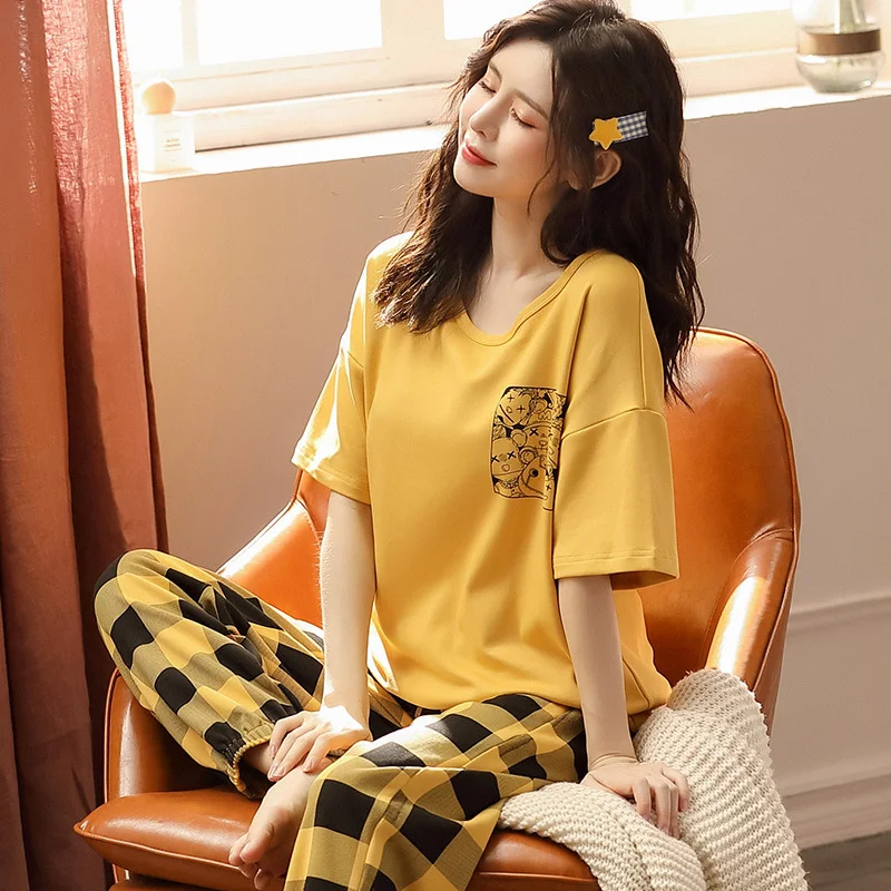 

Pajamas women's summer short pure cotton student two piece set of medium Sleeve Plaid trousers household clothes