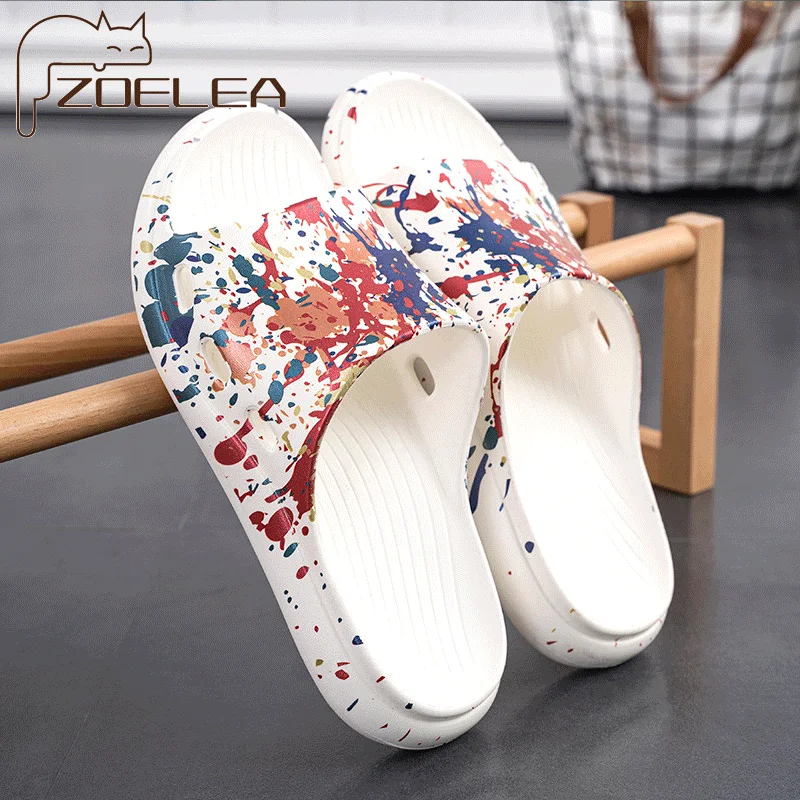 

Men Summer Beach Slippers Home Indoor Splash ink Non-slip Simple Bathing Fashion Smile Printing Ladies Shoes Male Slides