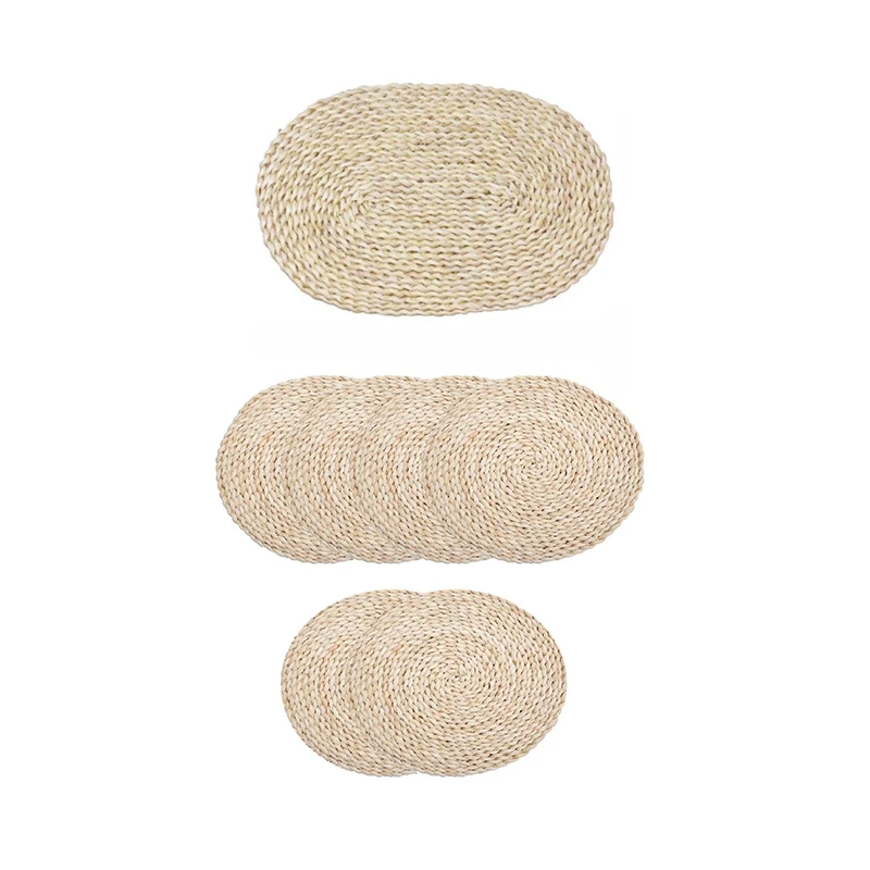 

11 Pcs Corn Straw Placemats Natural Grass Braided Heat Insulation Pads, 5 Pcs 35X35cm & 6 Pcs 30X45cm
