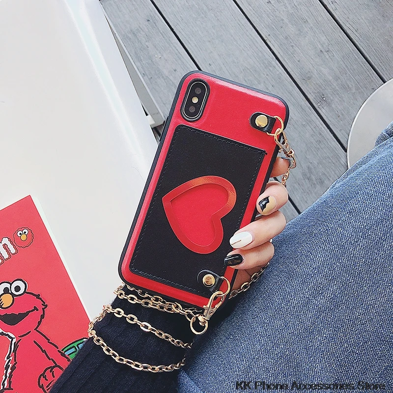 Чехол Кошелек с сердечками для iPhone X XR XS Max кожаный чехол длинной цепочкой через
