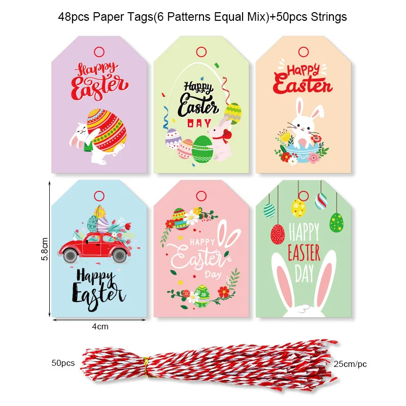

48pcs Happy Easter Paper Tags With Rope Kids Gift Labels Easter Party Decoration Hanging Decor DIY Supplies