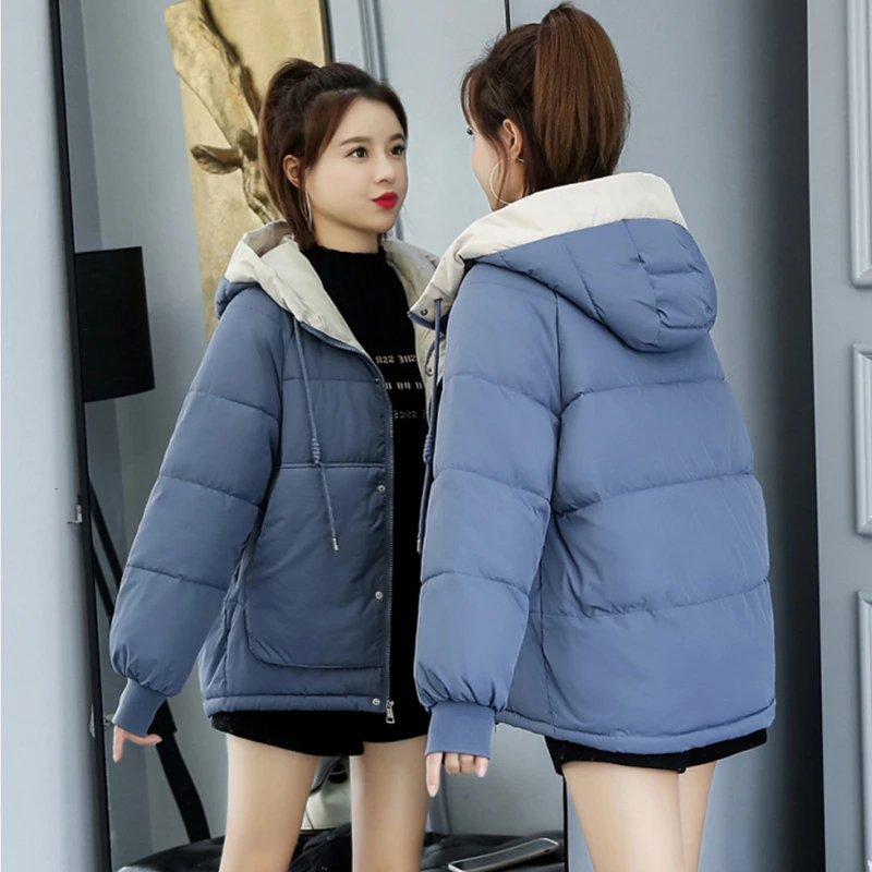 2021 New Student Winter Jacket Women Loose Coat Easy Small Down Cotton Green Blue Outwear | Женская одежда