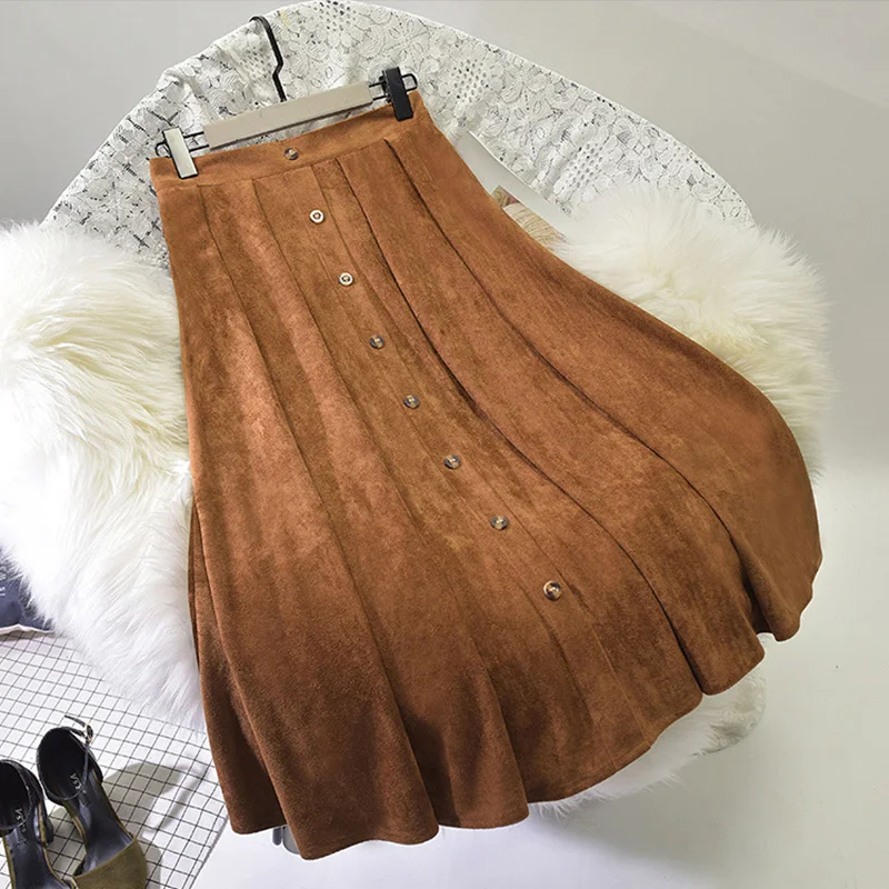 Camel Brown Qiuxuan/Женская длинная юбка из искусственной замши г. Осенне-зимняя модная эластичная Юбка-миди с высокой талией на пуговицах повседневные юбки для девочек - Цвет: Camel Brown