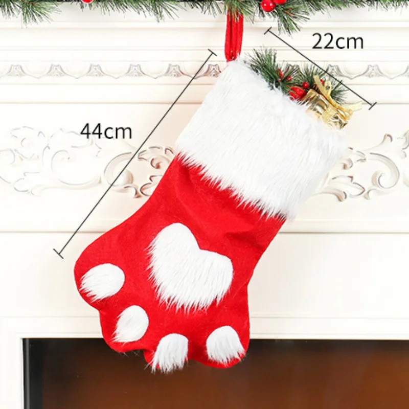 

Long Plush Pet Paw Pattern Christmas Stockings Gift Holder Bag Hanging Holiday Home Decorations