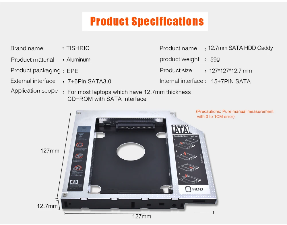 Tishric Алюминий Универсальный 12 7 мм SATA 3 0 HDD Caddy с светодиодный адаптер жесткого