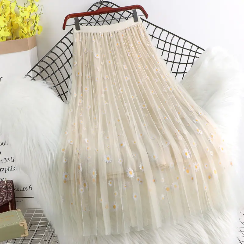 

High Waist Women Gauze Skirt Printed Daisy 3-layer Slim Pleated Mesh A-line Fairy Medium-length