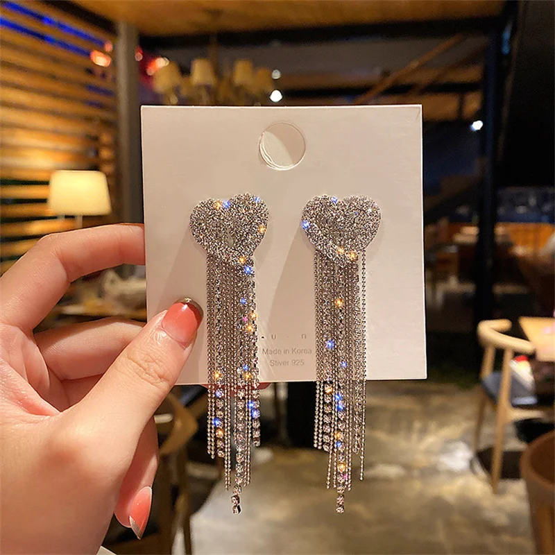 

92 Korean Temperament Long Tassel Full Diamond Love Fashion Trendy Net Red Exaggerated Earrings Female