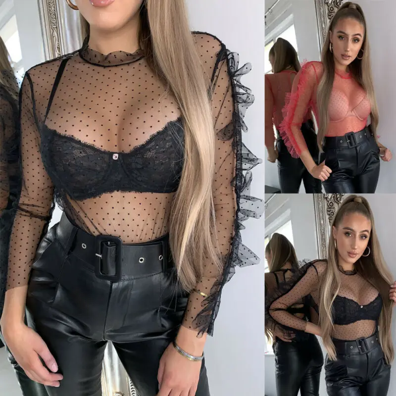 Womens Sheer Mesh See-through Blouse T-Shirt Ladies Polka Dot V-Neck Casual Tops Cover Ups Beachwear | Женская одежда