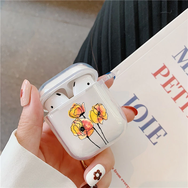 Симпатичный прозрачный чехол с фиолетовыми цветами мака для Airpods 2 Чехол Для Air Pods