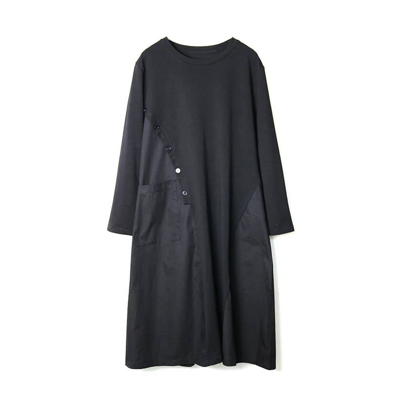 

2020 Autumn Round Neck Long Sleeve Black Loose Patchwork Button Pocket Dress Women Fashion Tide