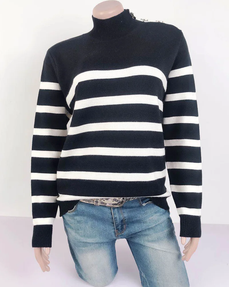 

2020 women's autumn and winter sweater new sweater high collar pullover shoulder straps button stripe sweater Female