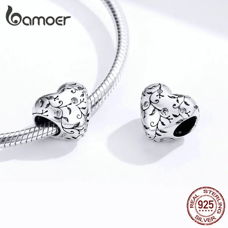 Bamoer, Европейский узор, сердце, бусины, шарм, серебро, 925,, пасторальный стиль, Ретро стиль, цветок, амулеты, ювелирное изделие, сделай сам,, новинка SCC1323