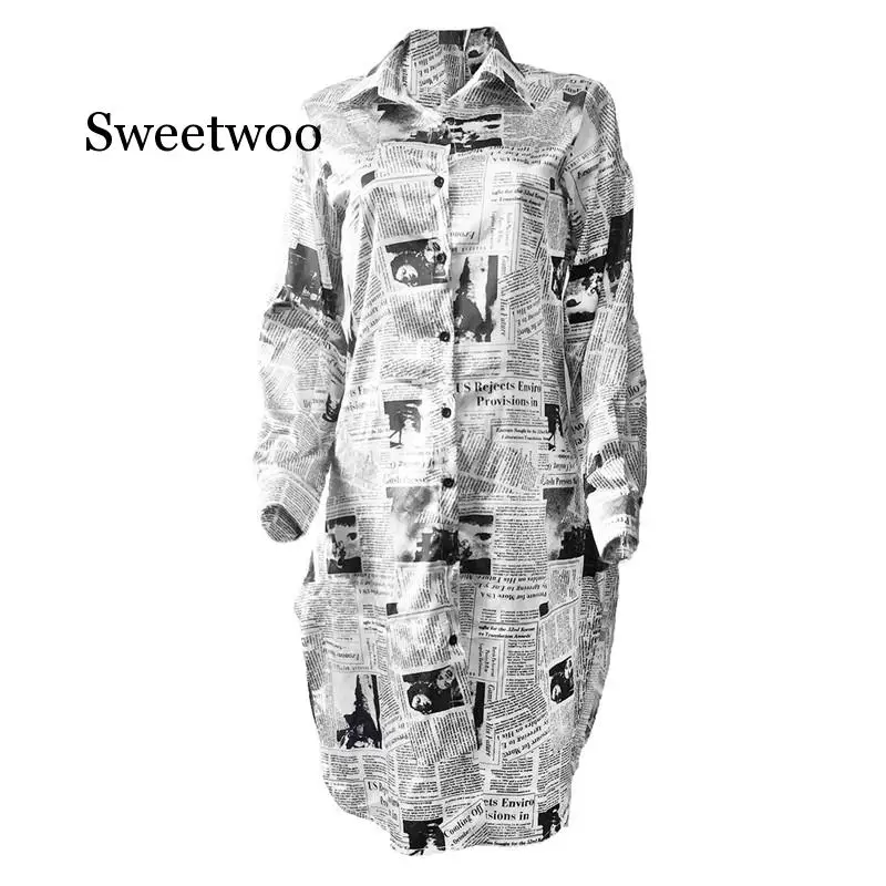 

SWEETWOO Casual Printed T Shirt Dress Women White Long Sleeve Front Split Party Dress Casual Yellow Turn-Down Collar Buttons Dre