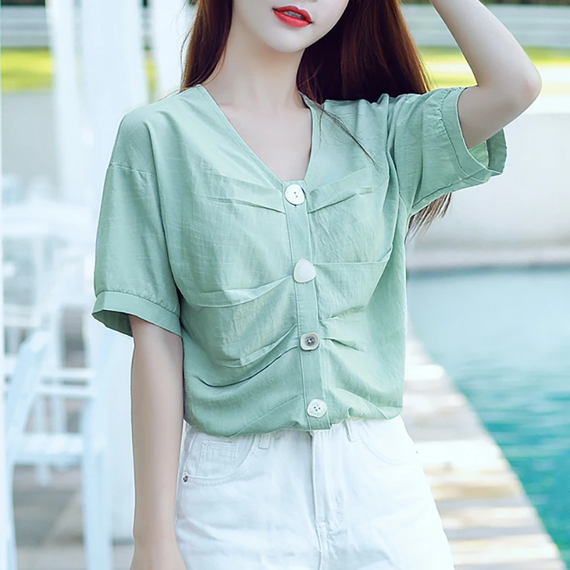 

Женская шифоновая блузка, с V-образным вырезом, свободная, в Корейском стиле, 2021