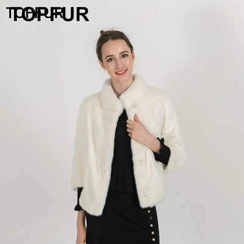 

Новое поступление, белое пальто TOPFUR из цельной норки для женщин, короткое пальто с воротником-стойкой, Высококачественная норковая Меховая ...