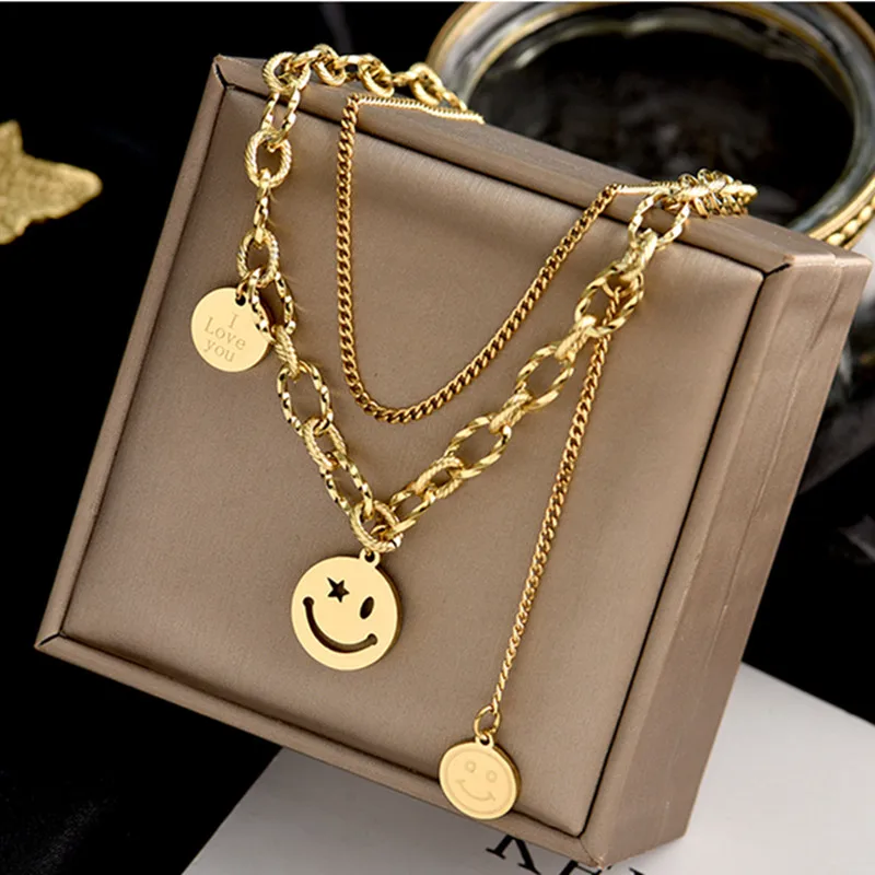 

Fashion Multilayer Gold Sliver Color Hip Hop Happy Smiling Face Pendant Necklace For Women Men Punk Jewelry Gifts Accessories