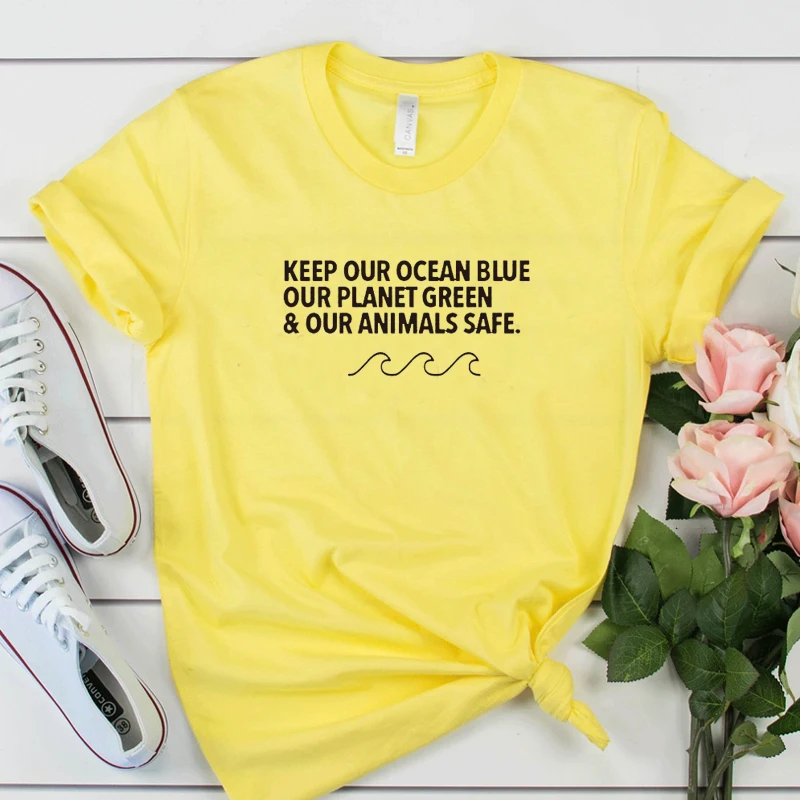 Цвет: желтый Keep Our Ocean Blue Our Planet Green& Our animals Safe, женская футболка с надписью «Save The Earth», повседневные хлопковые топы, Прямая поставка - Цвет: Цвет: желтый