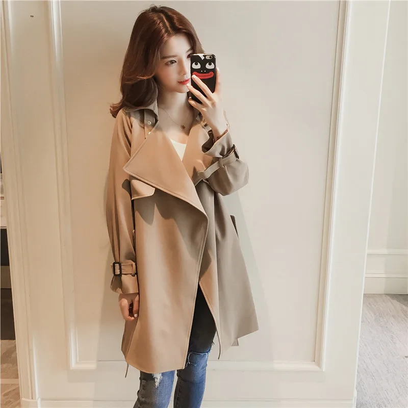 

Long Sleeve With Belt Jackets Vintage Women Windbreaker Spring Mid-length Ladies Casual Trench Coat Basic Outerwears