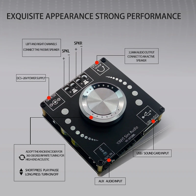 

XY-AP100L 100WX2 Bluetooth 5.0 Stereo Amplifier Board AUX USB Sound Card Digital Power Amp Amplificador DC 12V 24V