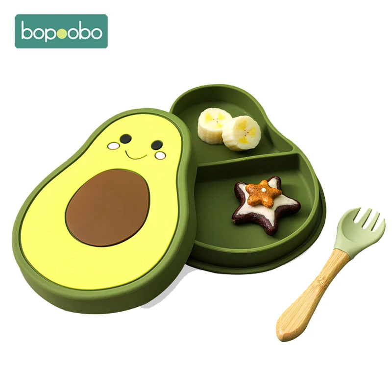 Bopoobo Baby Bowls Plates Fork Silicone Suction Feeding Food Tableware Cute Avocado Children's Dishes Food Feeding Bowl for Kids
