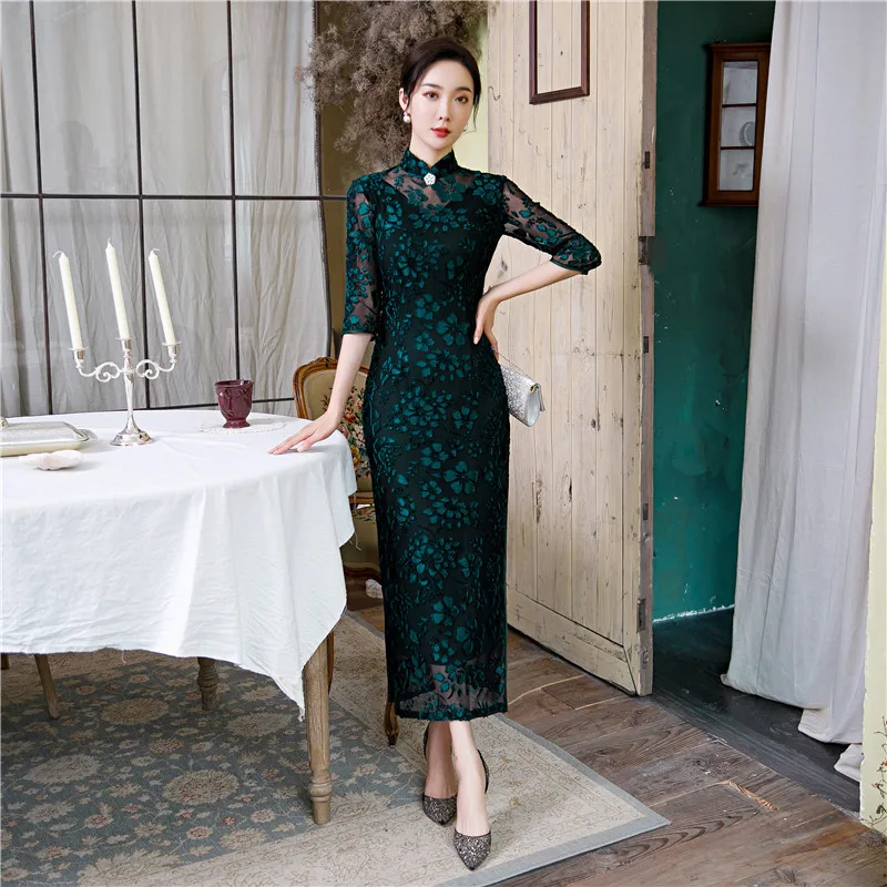 Длинное сексуальное Перспектива кружево женский Чонсам высокое Разделение 3/4 с