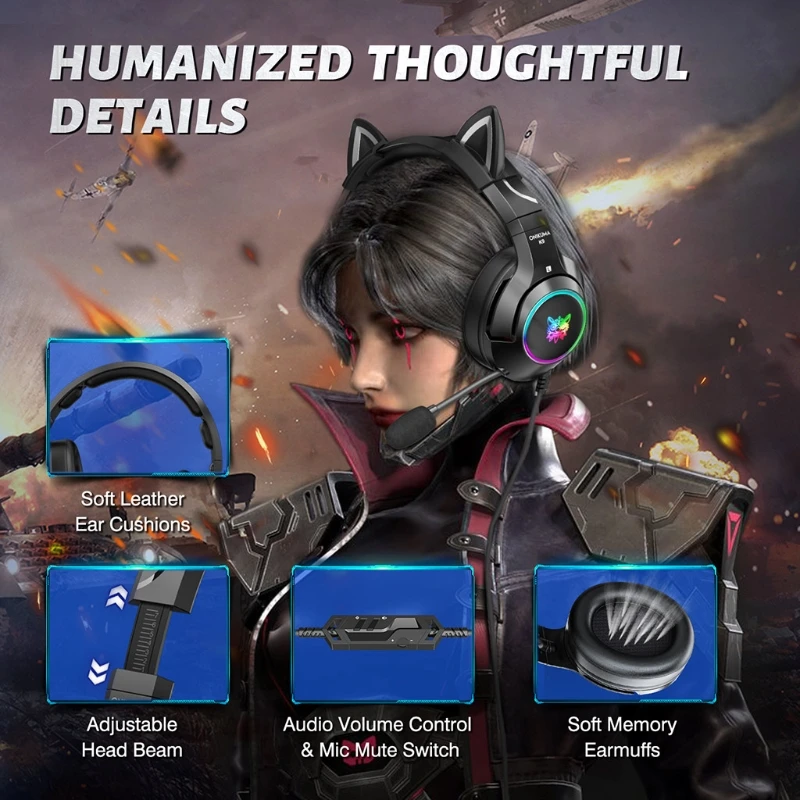 

Onikuma K9 Gaming Headset Wired PC Game Headphone USB 7.1 Surround Adjustable Detachable Cat Ears Decoration with Mic