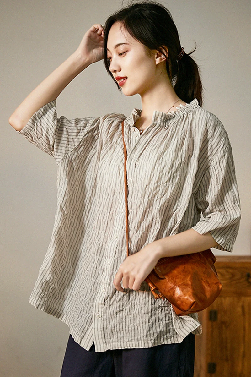 

Spring Summer Women Loose Plus Size All-match Vintage Striped Natural Fabric Comfortable Lightweight Cotton Shirts/Blouses