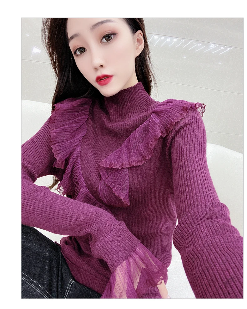 

Knitted Pullovers Ruffles Turtleneck Sweaters for Women Ruffles New Fashion Brand Flare Sleeve Korean Clothes Spring Autumn