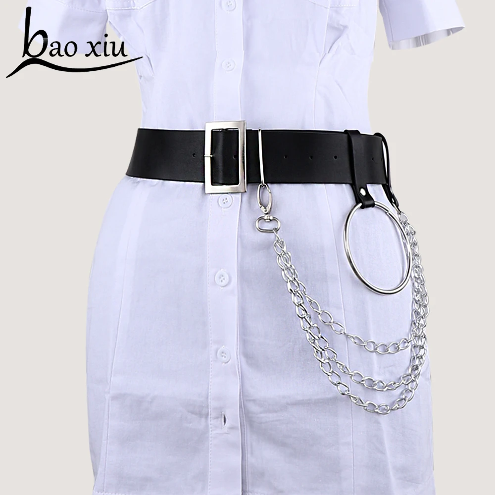 New Unisex Pu Leather Harness Belt  Big Ring Metal Chain Waist Belt Women Leisure Jeans Chain Buckle Ladies Straps Belts