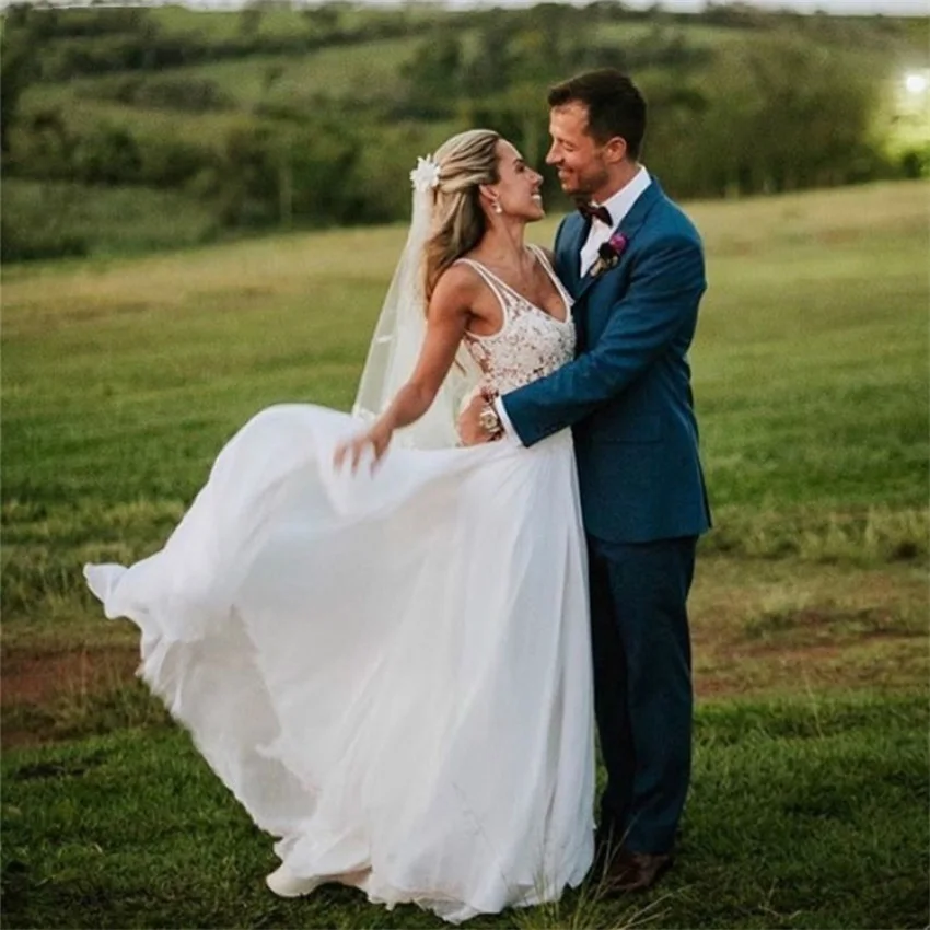 Пляжные свадебные платья lllusion с V образным вырезом для сельского сада на свадьбу