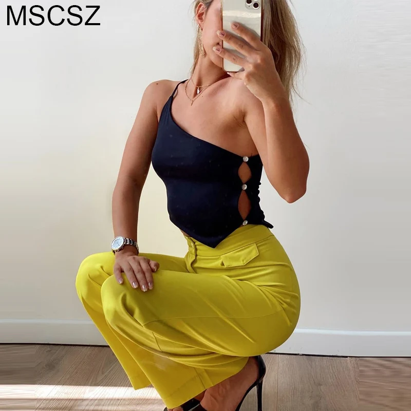 

Топ женский на одно плечо, пикантный укороченный топ с Боковым Разрезом, на пуговицах, модная Повседневная летняя майка, черная пляжная Клуб...