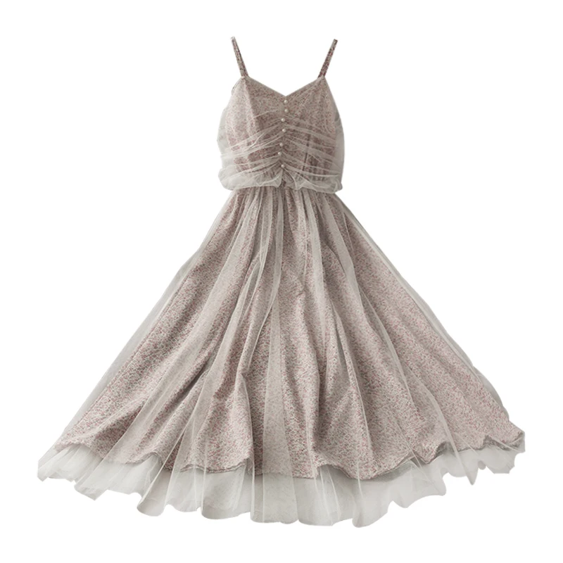 

2021 New Mesh Stitching Floral Mid-Length Sling Dress Women's Summer Pleated High Waist Beaded Beauty Back Dress