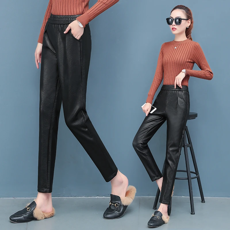 Осенние женские кожаные брюки зимние свободные шаровары с высокой талией из