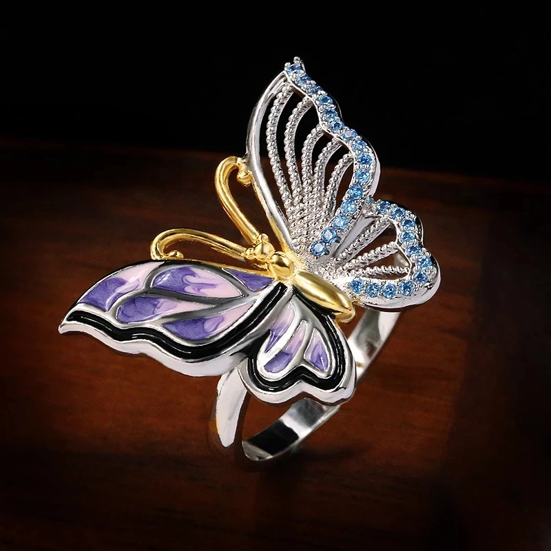 Buy Luxury Ladies Enamel Silver Plate Wedding Ring Cute Elegant Butterfly Blue Zircon Party Jewelry Gift on