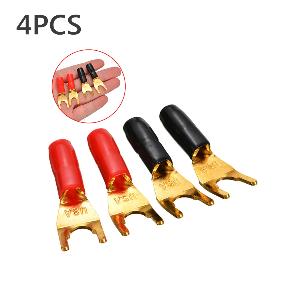 

4pcs Gold Plated Spade Fork Y Type Banana Plug Cable Wire Connector Solderless Fork Y Spade Speaker Plugs Adapter Audio Terminal
