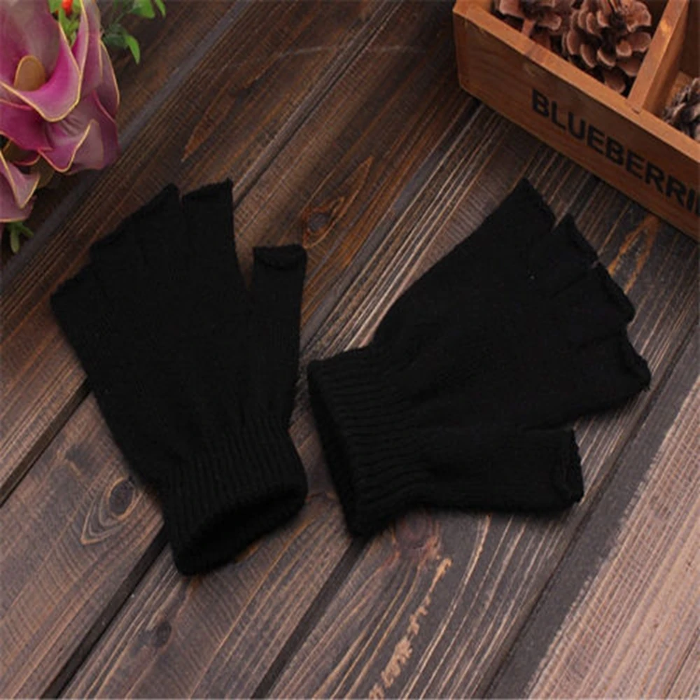 New Black Fingerless Knitted Gloves Men/Women Warm Stretch Elastic Fashion Winter Outdoor Half Finger Cycling accessories | Спорт и