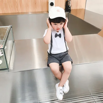 

Boys Bow Tie Fake Strap Two-piece Set 2021 Summer New Children's Fashion Little Girl Set