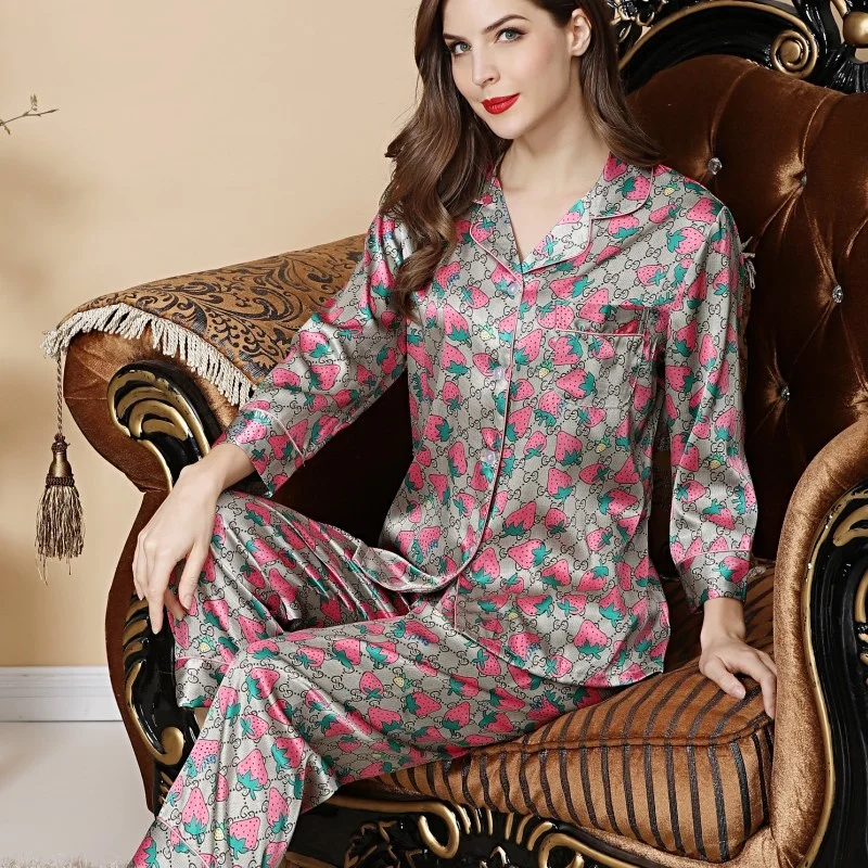 

Пижама женская из искусственного шелка, комплект из 2 предметов, осень/зима