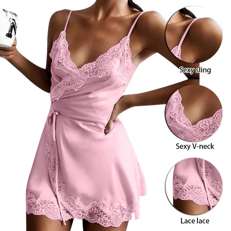 

Women Sexy Lace Pajamas Sling V-neck Silk Satin Sleepwear Summer One Piece Strapped Nightdress Plus Size Bathrobe Homewear