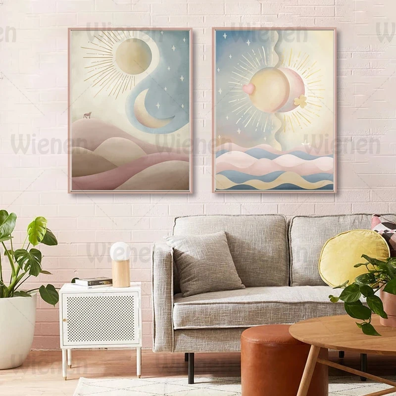 

Nordic Abstract Poster and Print Sun and Moon Dreamy 2PCS Canvas Painting Pink Blue Sea Desert Sky Landscape Wall Art Home Decor